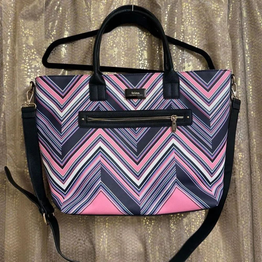 Trina Turk Pink Purple Black Chevron Print Tote Bag Large Purse EUC